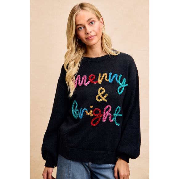 BiBi Black Holiday Christmas Tinsel Lettering Christmas Sweater NEW Large - Picture 3 of 8